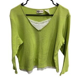 Faded Glory Lime Green Waffle Knit Long Sleeve Top Lace Hem Detail Size 16W